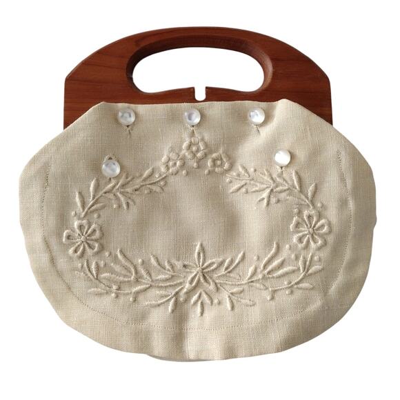 Vintage Smith's Linen Floral-Embroidered Bermuda Handbag Wood Handle Cottagecore - Picture 1 of 16